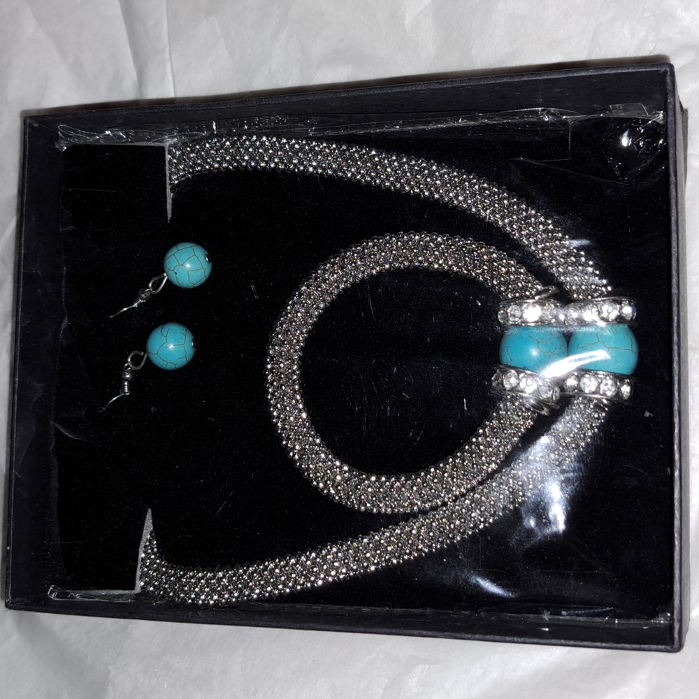 3 Piece Set Siver Toned Faux Turquoise with Crystal Accents set.